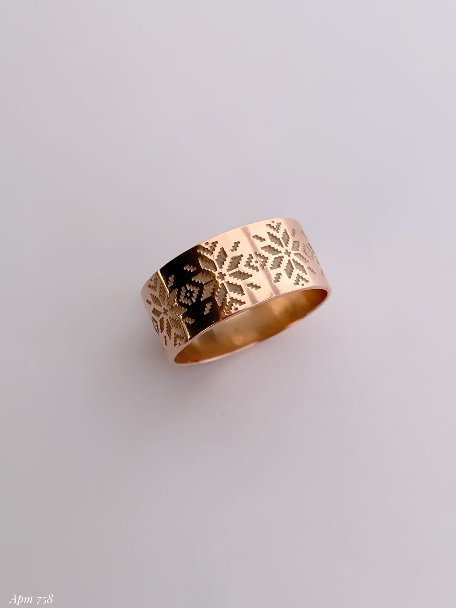 Wide gold-plated silver ring with a “Vyshyvanka” pattern