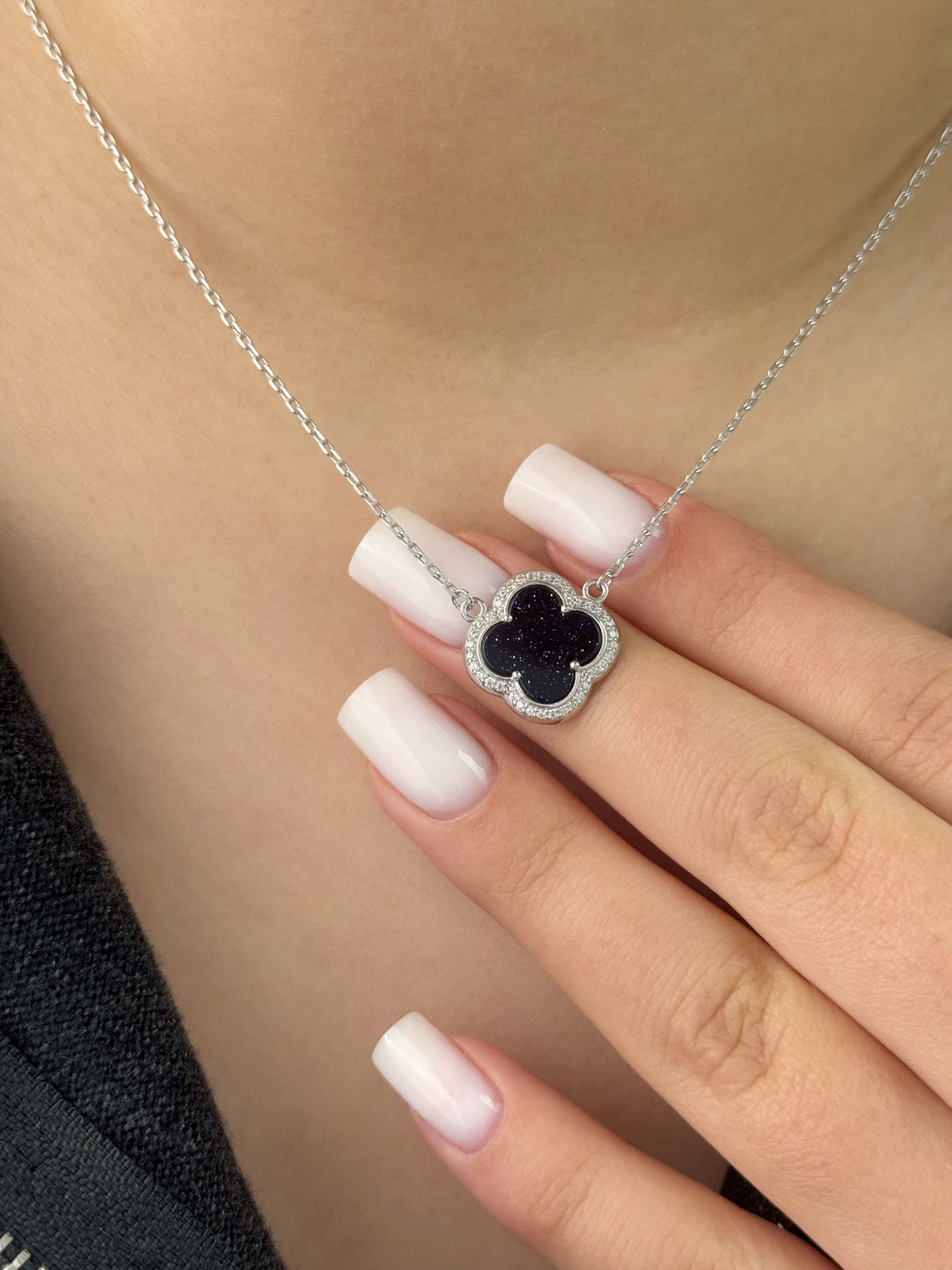 Silver “Clover” necklace with Cairo Night stone and cubic zirconia