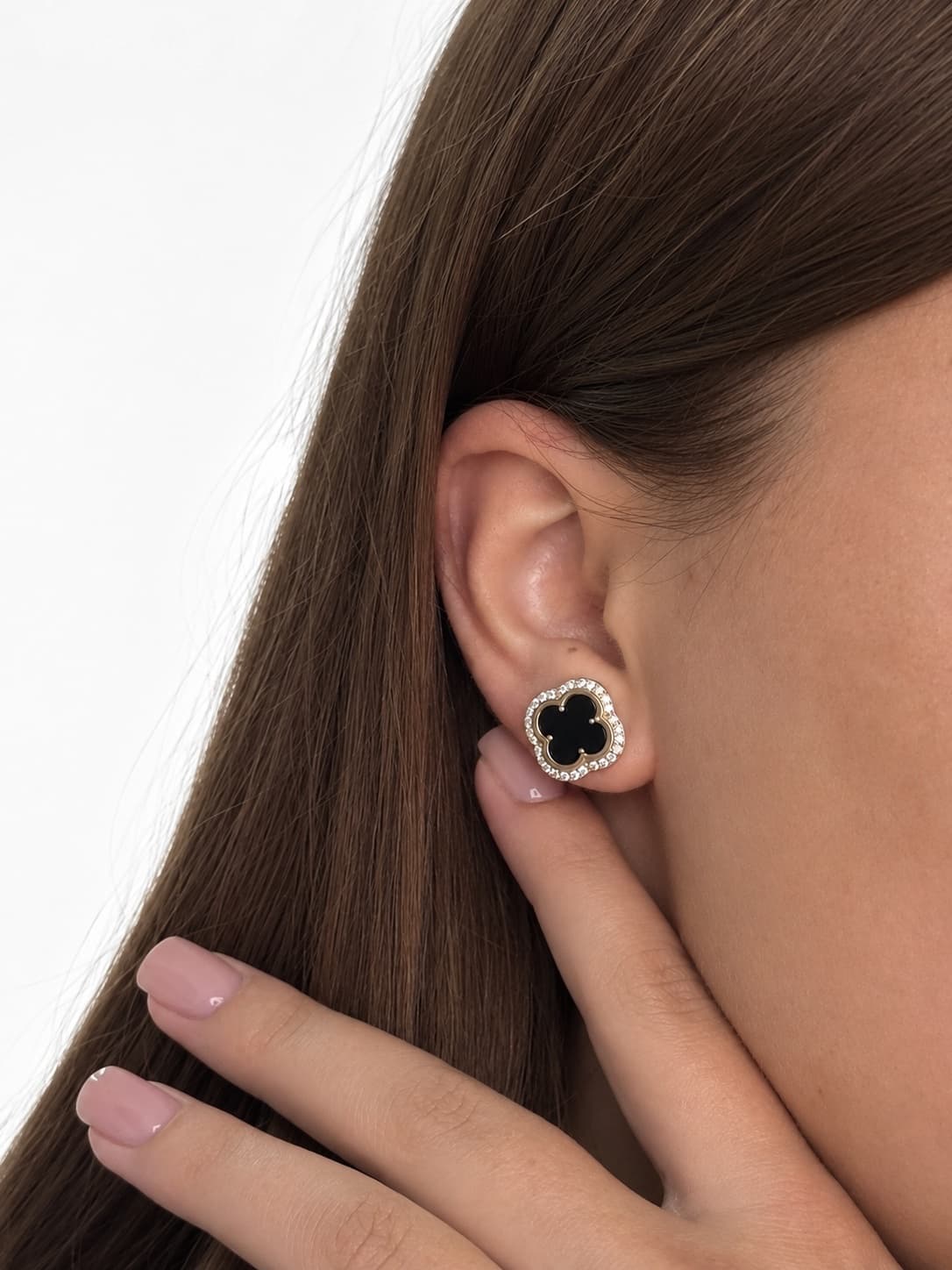 Sterling silver 925 “Clover” earrings with 375 gold overlay, black onyx and cubic zirconia