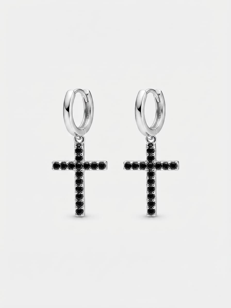 Silver “Cross” drop earrings with black cubic zirconia on hoops