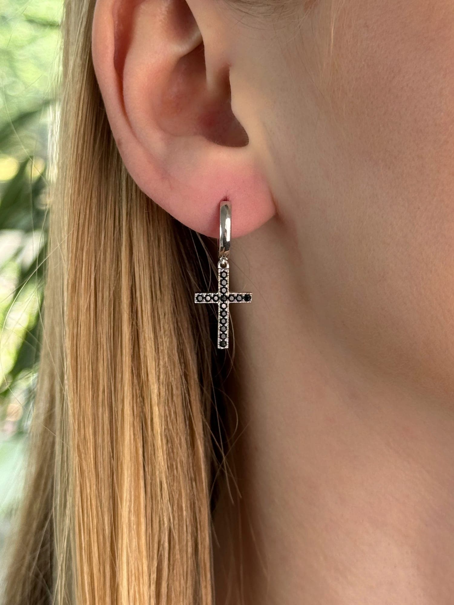 Silver “Cross” drop earrings with black cubic zirconia on hoops