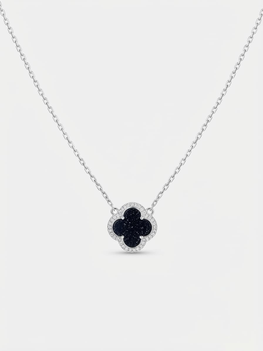 Silver “Clover” necklace with Cairo Night stone and cubic zirconia