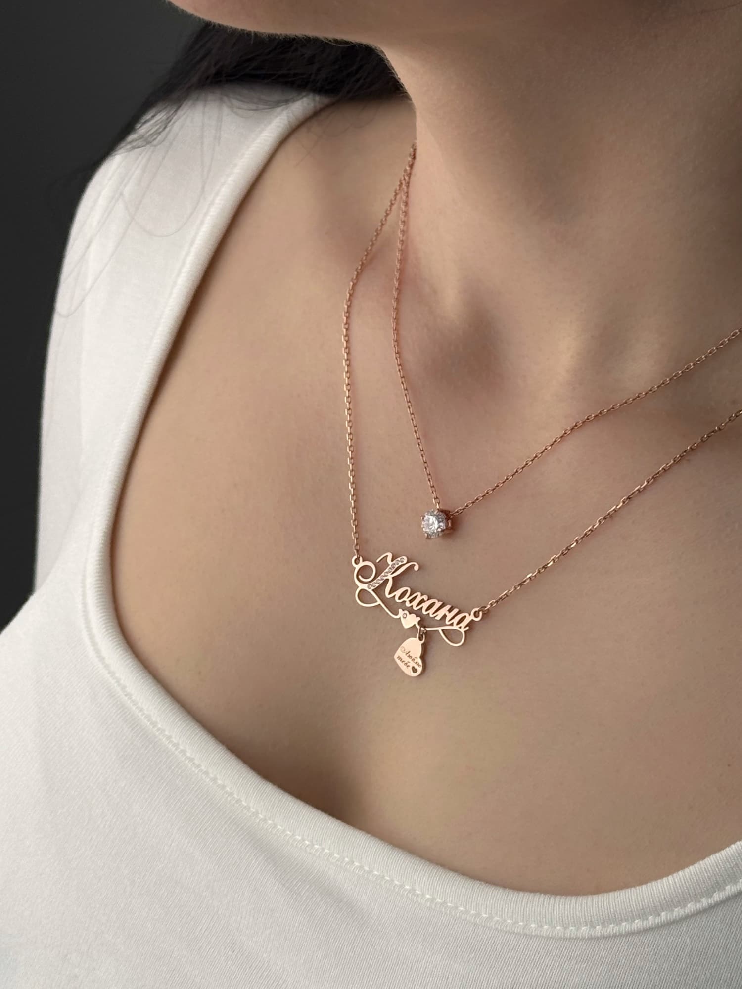 Двойное серебряное колье «Кохана» с камнем и подвеской-сердцем с позолотой