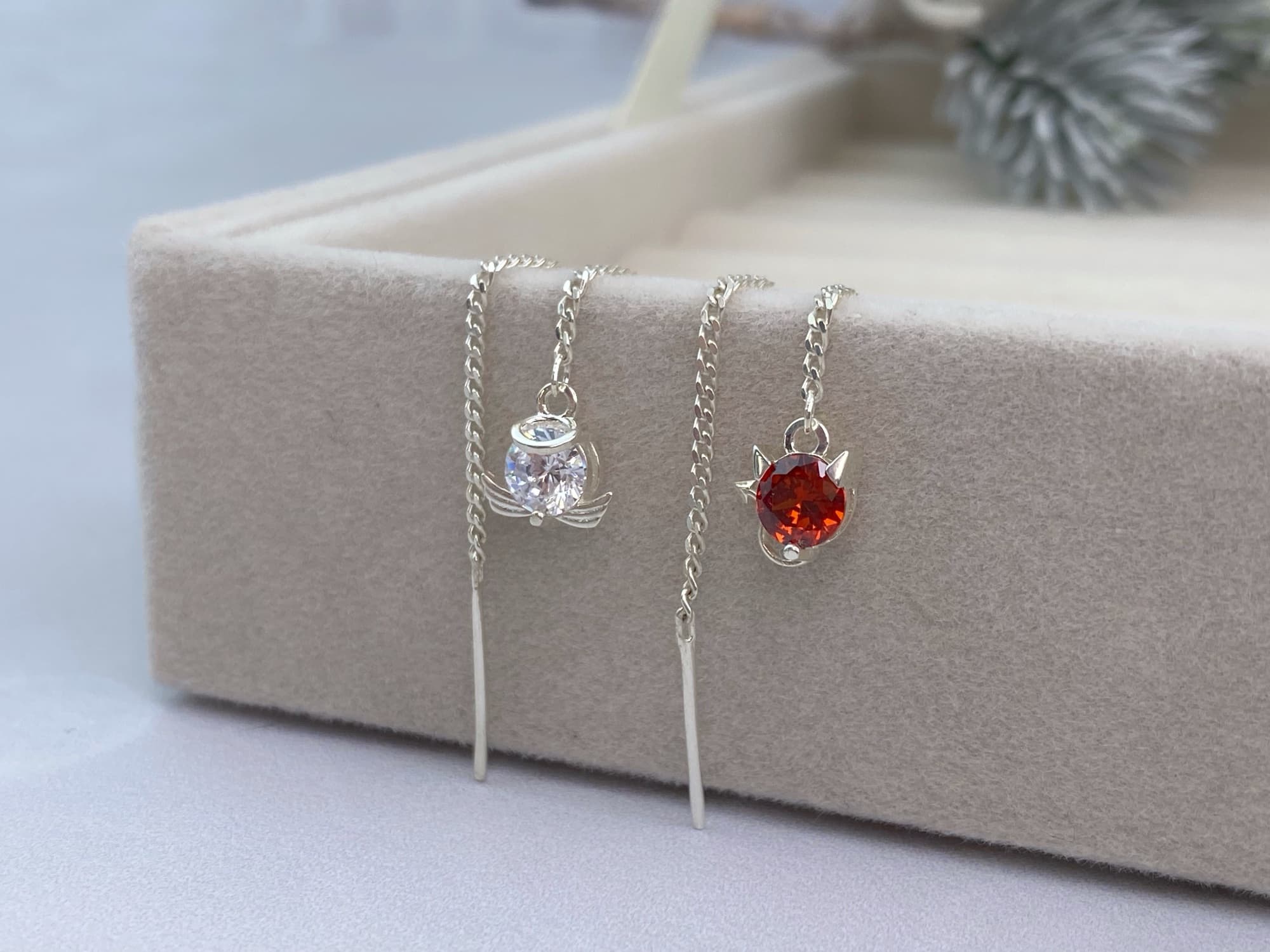 Rhodium-plated silver “Angel and Demon” threader earrings with cubic zirconia