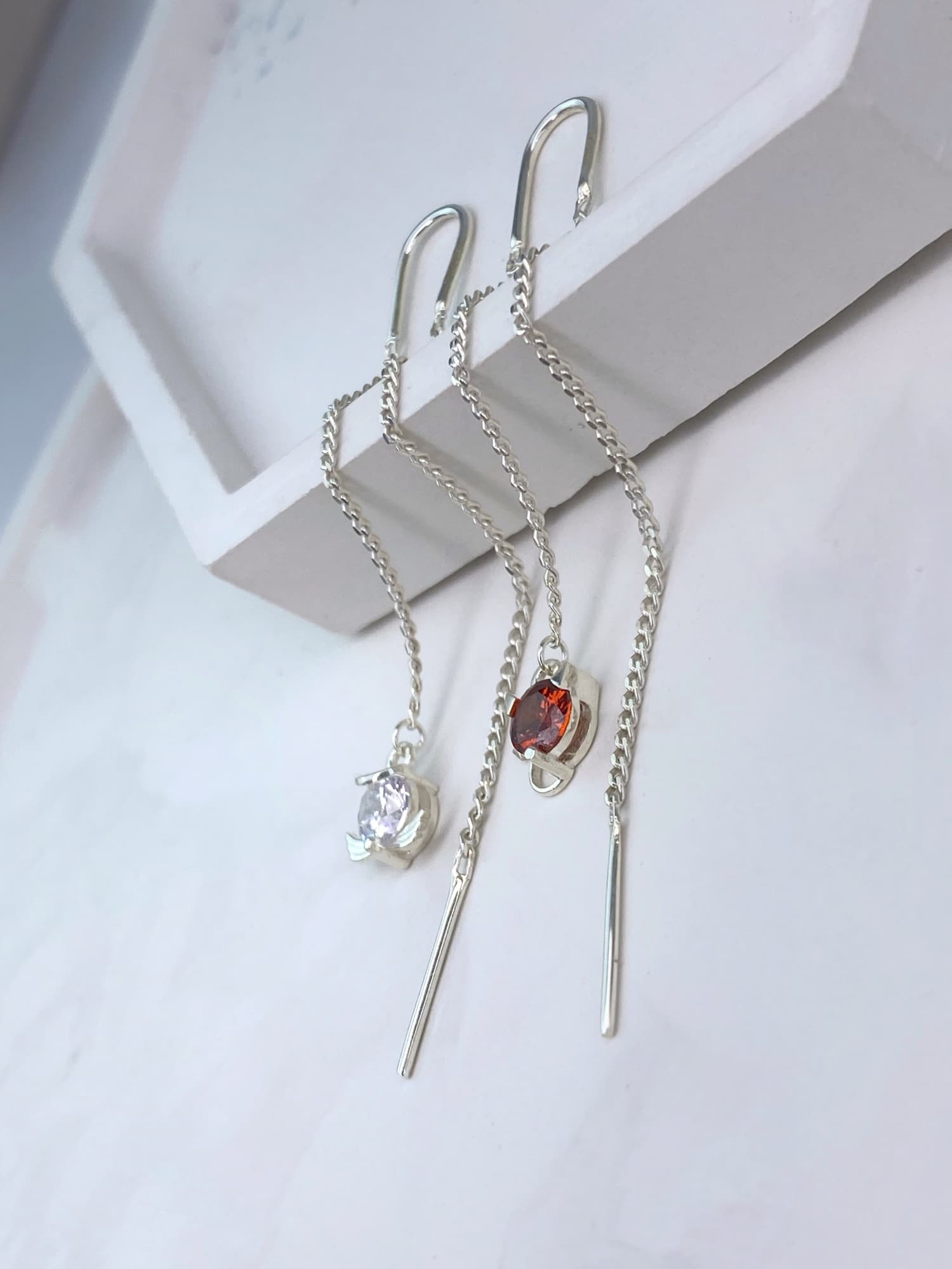 Rhodium-plated silver “Angel and Demon” threader earrings with cubic zirconia