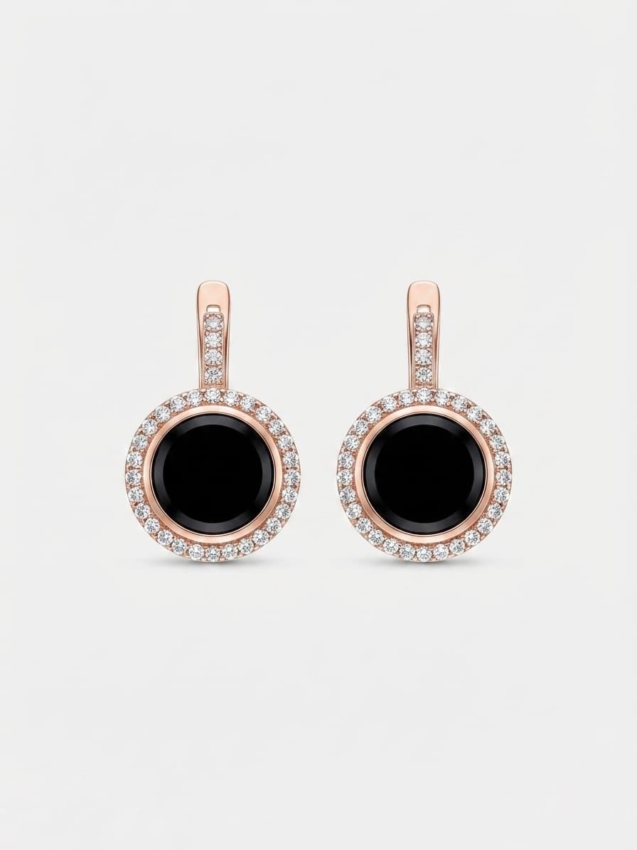Earrings with onyx, cubic zirconia and gold plating on an English lock