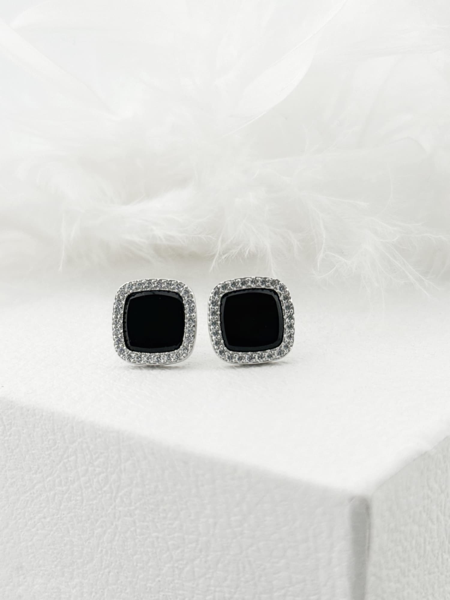 Silver earrings with black onyx and cubic zirconia