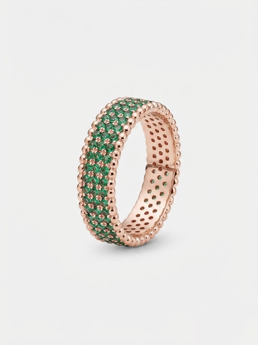 Wide gold-plated silver ring with green cubic zirconia