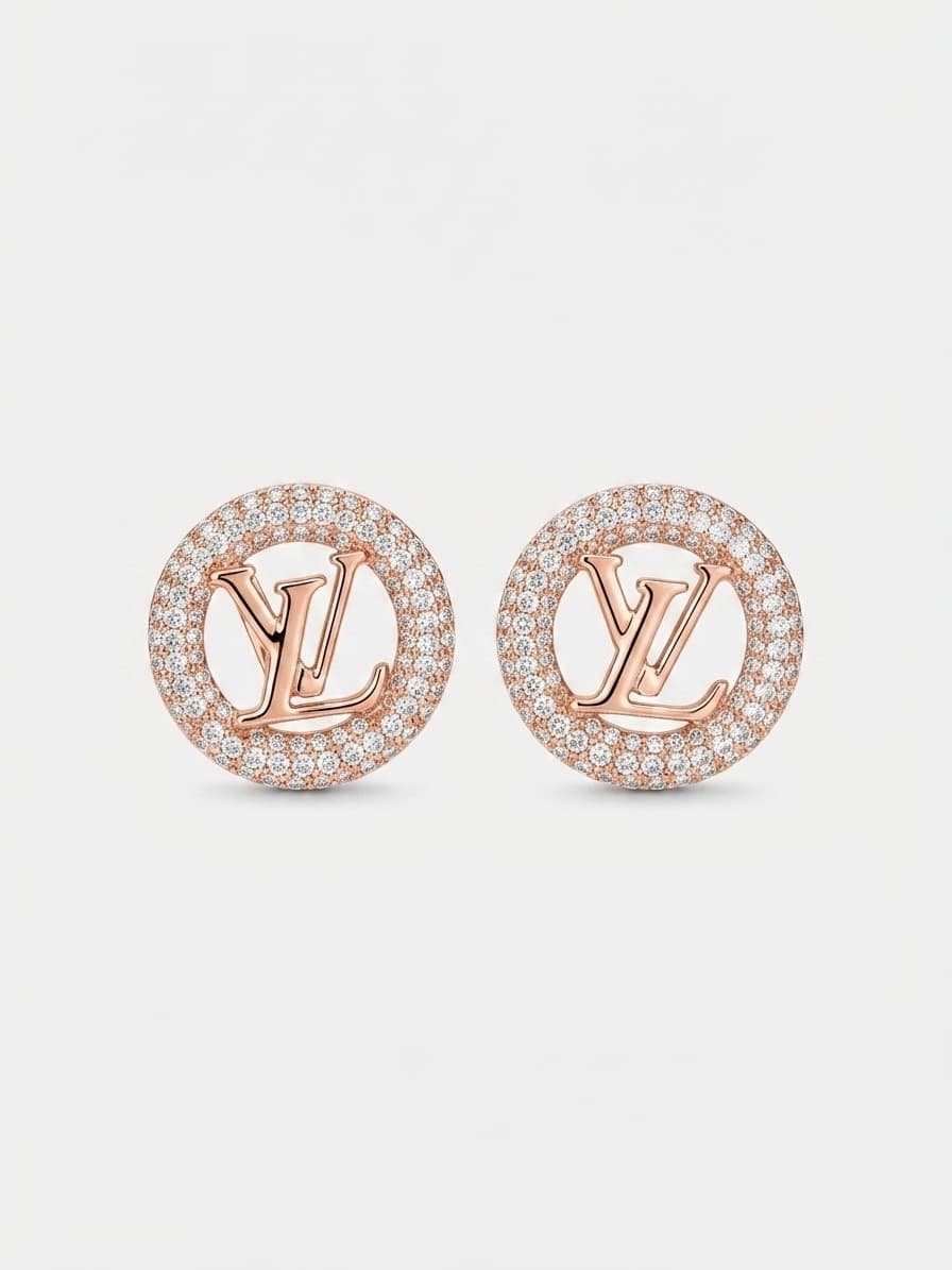 Silver earrings with a logo in a round stone-set frame