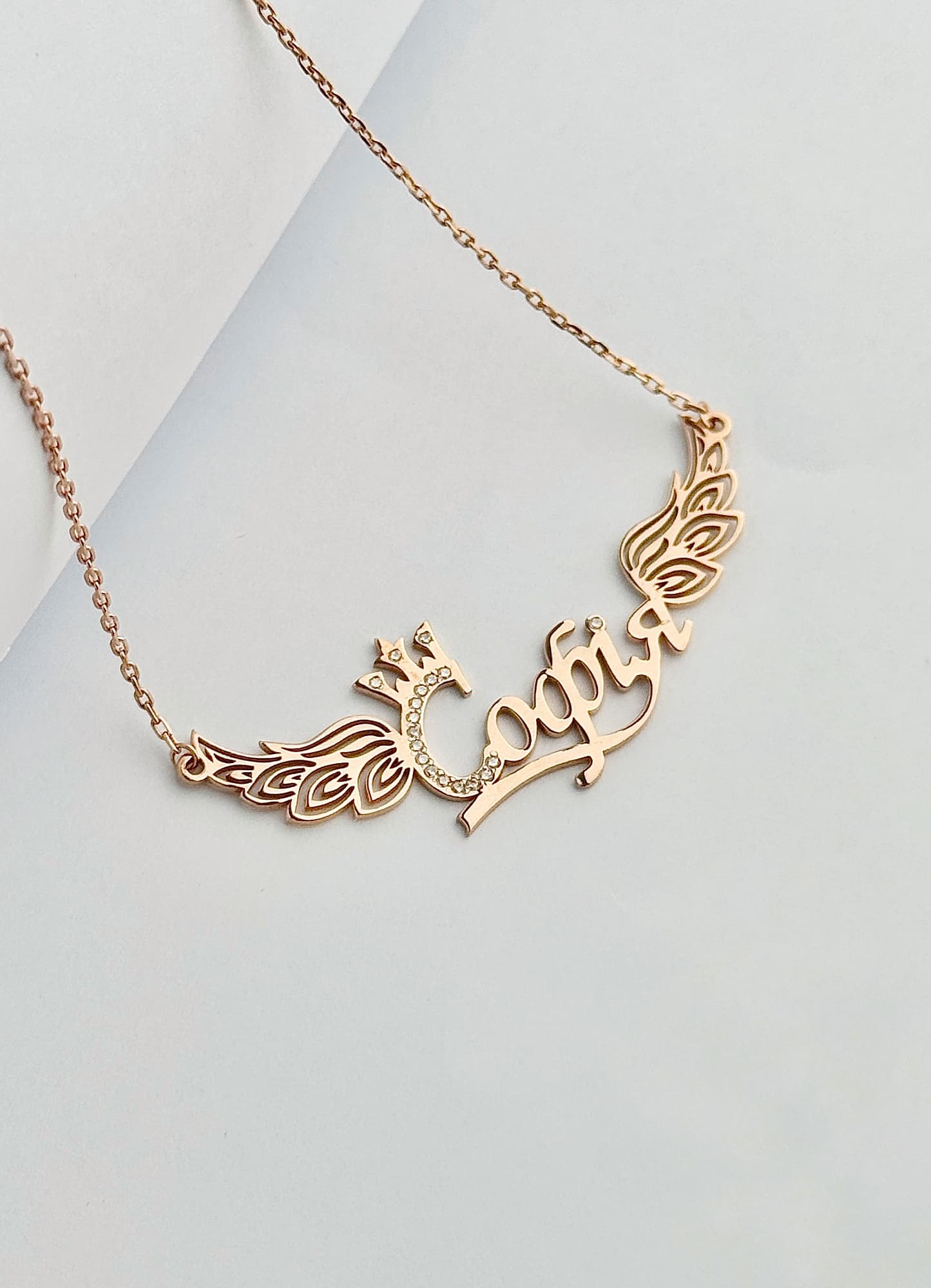Gold-plated sterling silver 925 necklace “Софія” with wings, a crown and cubic zirconia