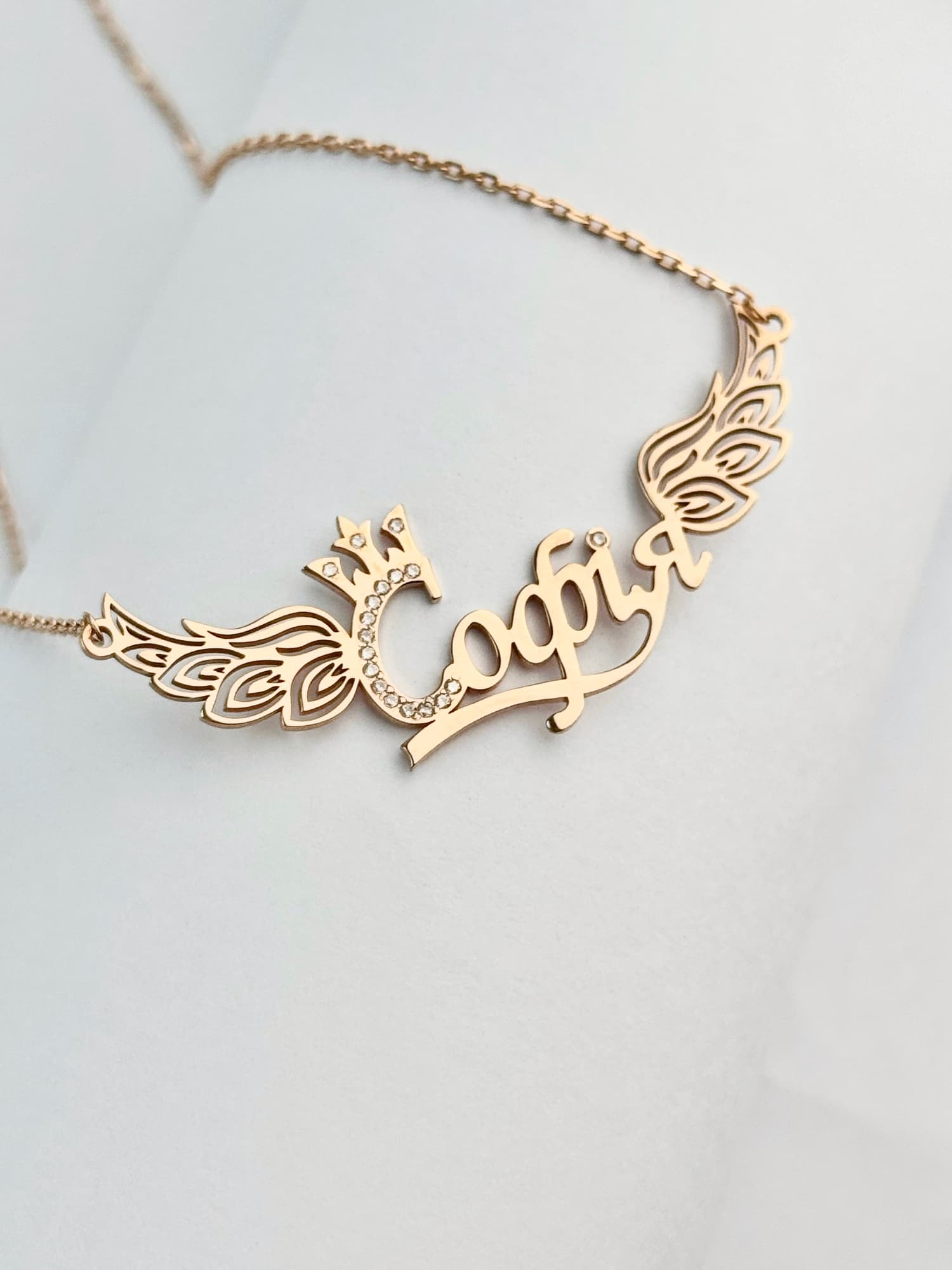 Gold-plated sterling silver 925 necklace “Софія” with wings, a crown and cubic zirconia