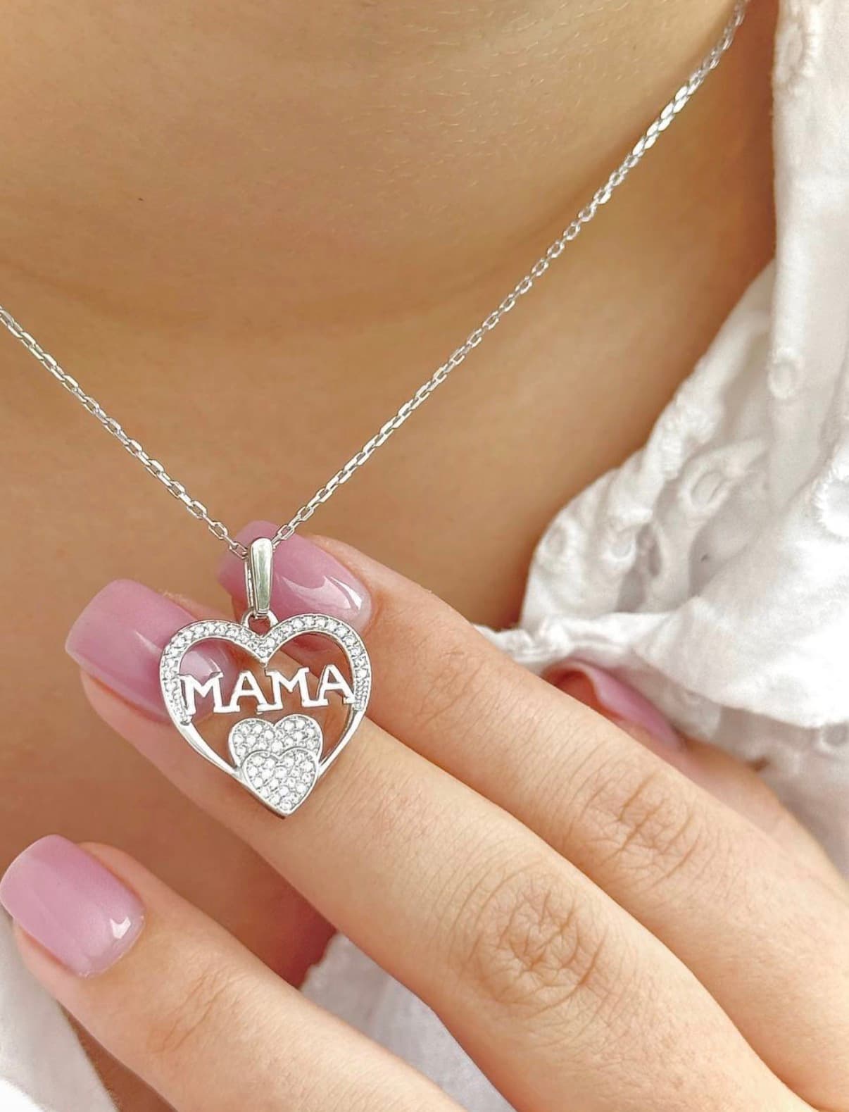 Срібне кольє «Мама» з фіанітами