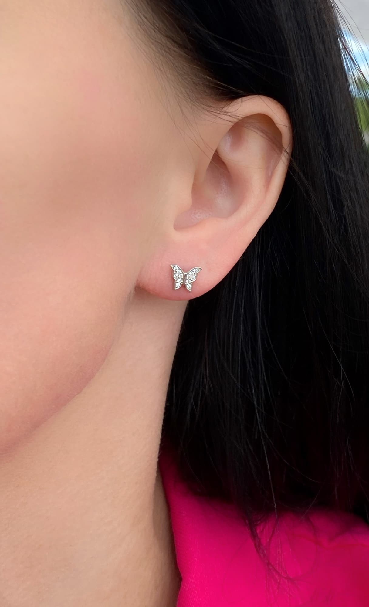 Rhodium-plated silver butterfly stud earrings with cubic zirconia