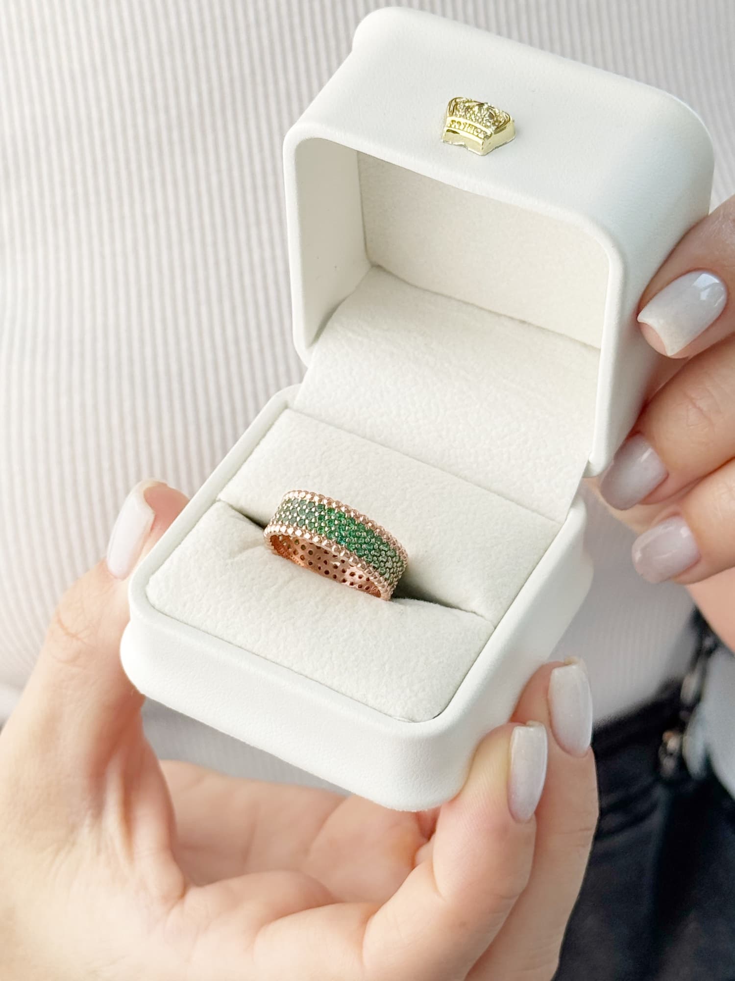 Wide gold-plated silver ring with green cubic zirconia