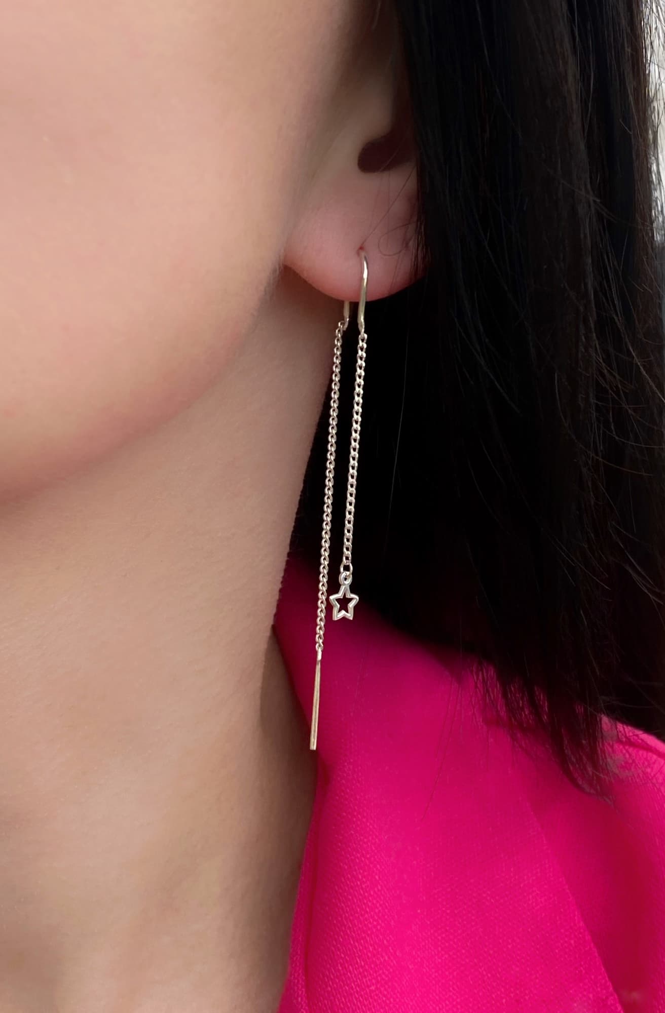 Rhodium-plated silver threader earrings with star charms