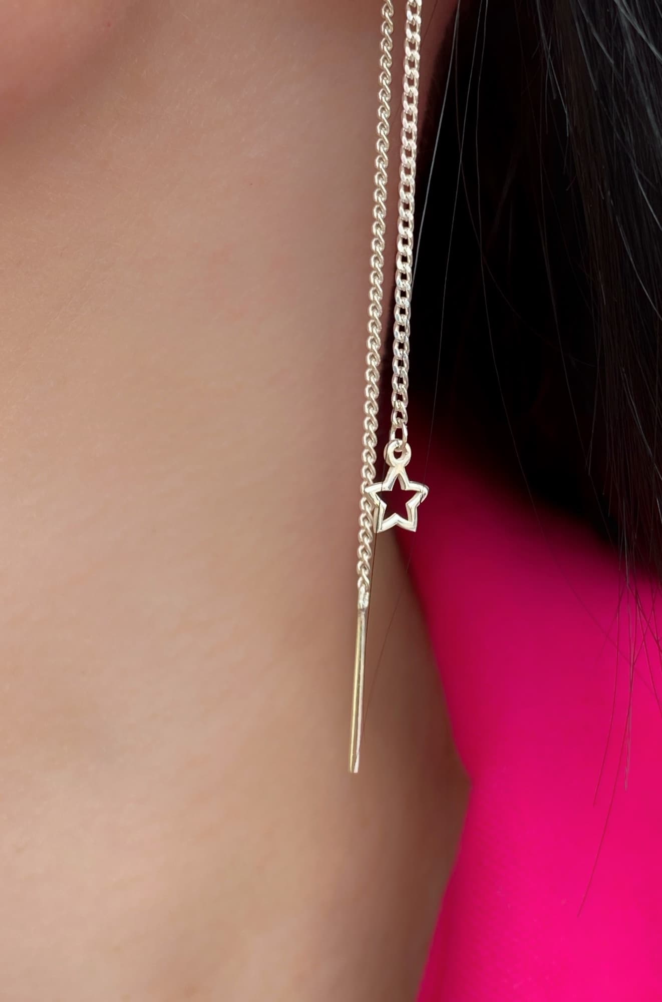 Rhodium-plated silver threader earrings with star charms