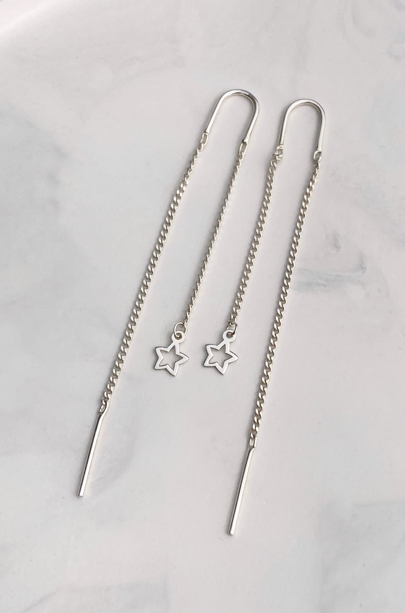 Rhodium-plated silver threader earrings with star charms
