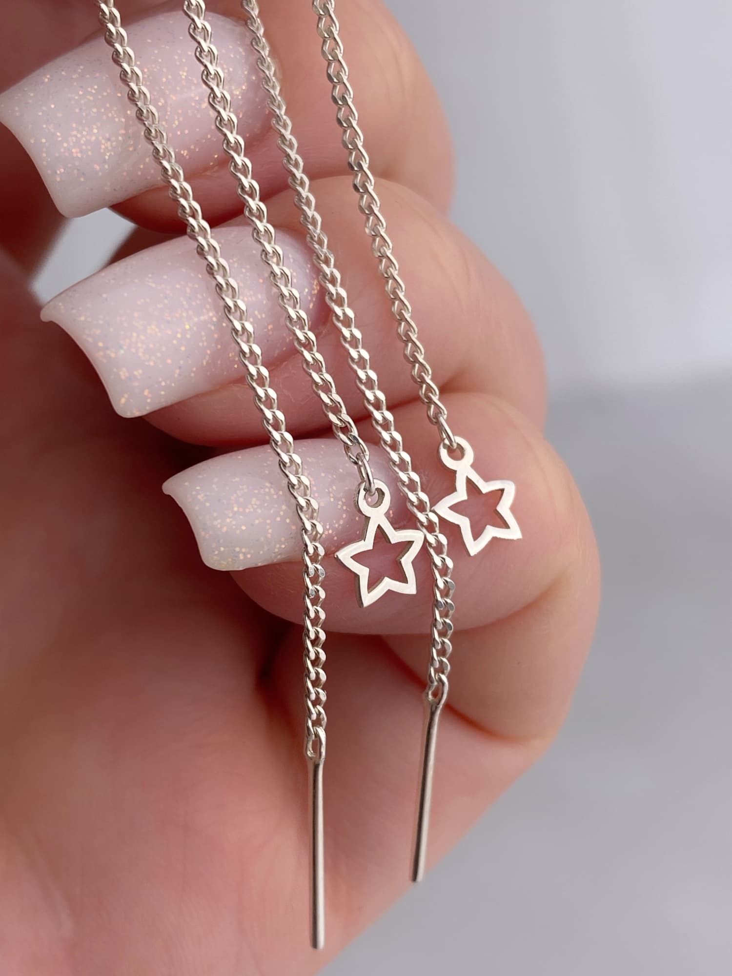 Rhodium-plated silver threader earrings with star charms