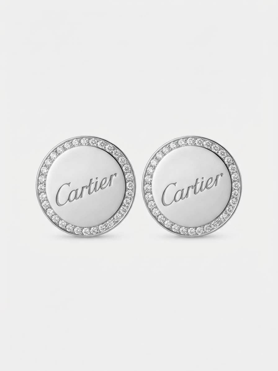 Round rhodium-plated silver earrings with cubic zirconia and engraving