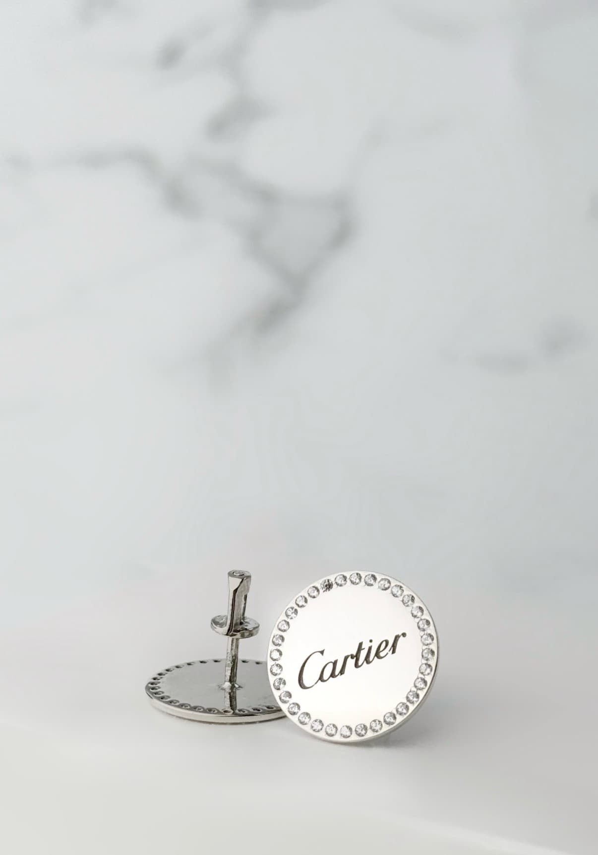 Round rhodium-plated silver earrings with cubic zirconia and engraving