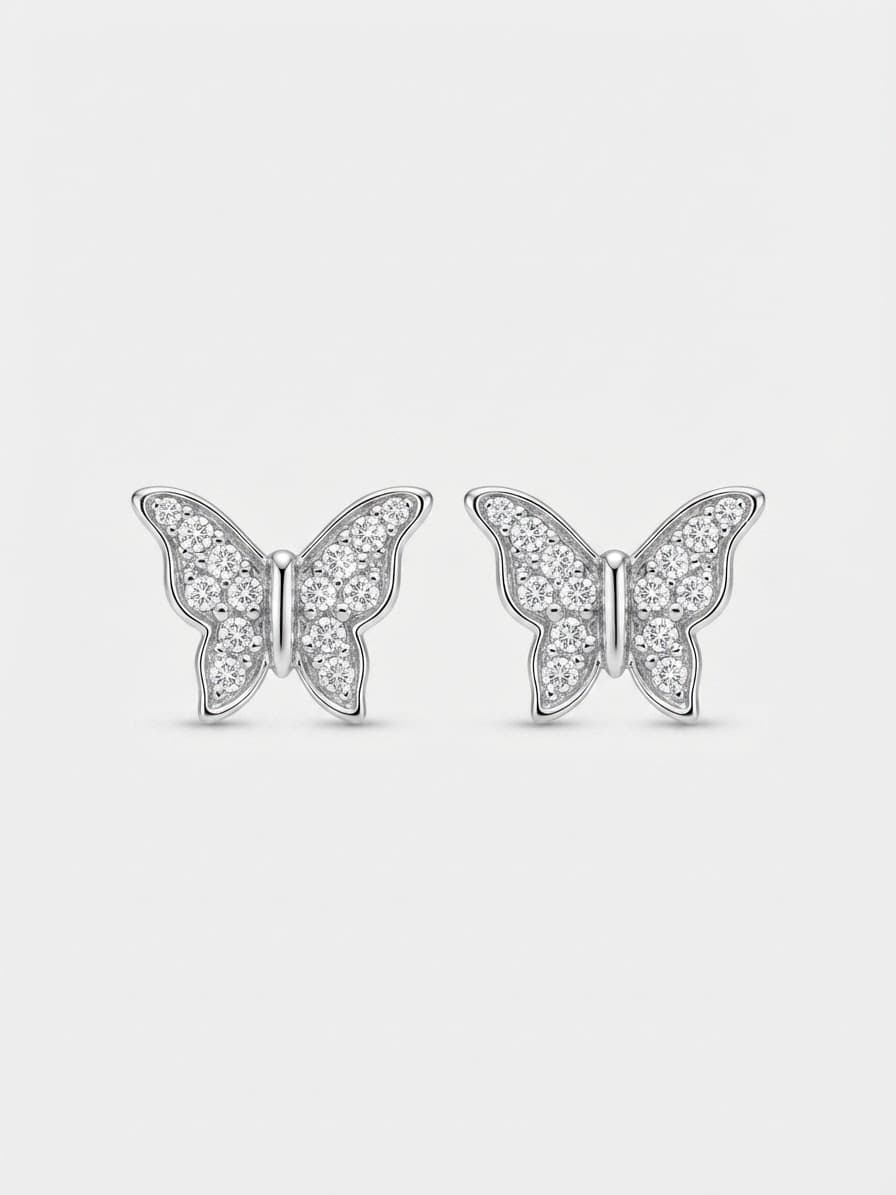 Rhodium-plated silver butterfly stud earrings with cubic zirconia