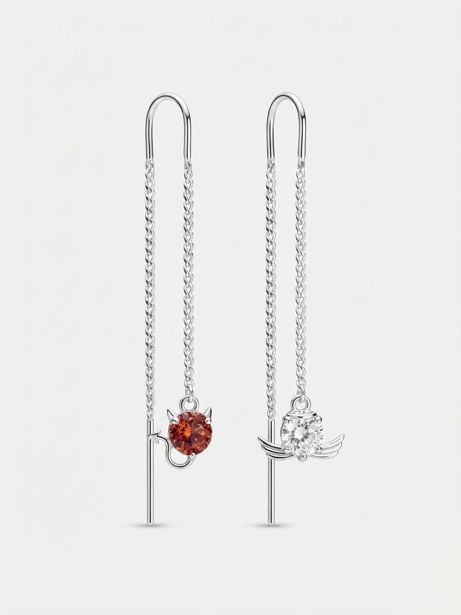 Rhodium-plated silver “Angel and Demon” threader earrings with cubic zirconia