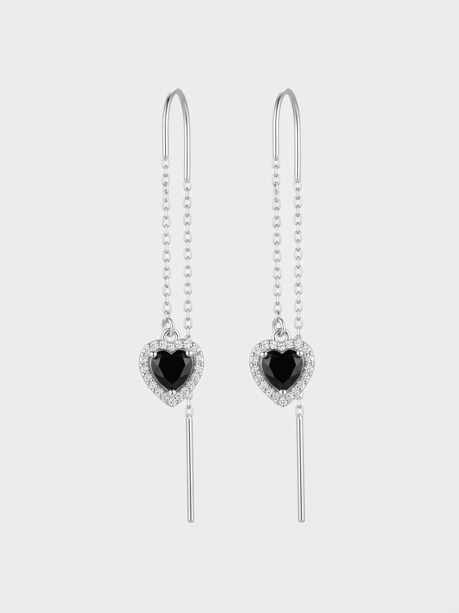 Rhodium-plated silver threader earrings with heart-shaped cubic zirconia insets