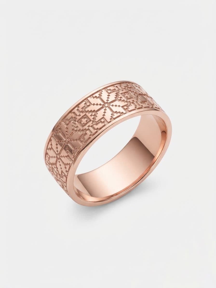 Gold-plated silver wedding band with a Ukrainian embroidery ornament