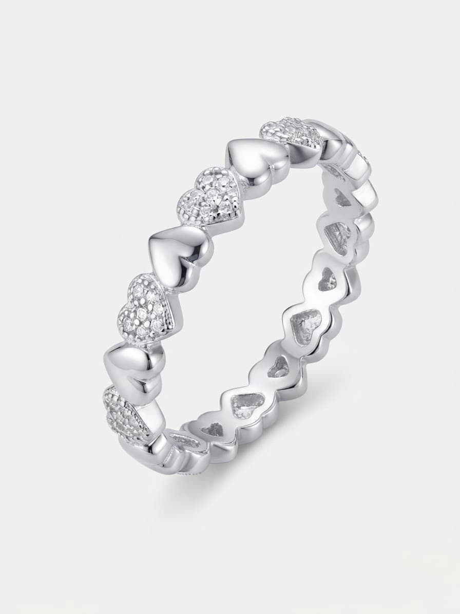 Rhodium-plated silver ring with a row of hearts and stones