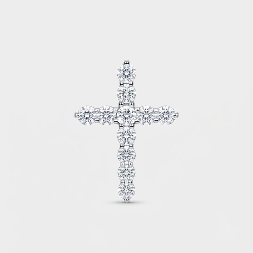 Rhodium-plated silver cross pendant with a row of sparkling cubic zirconia