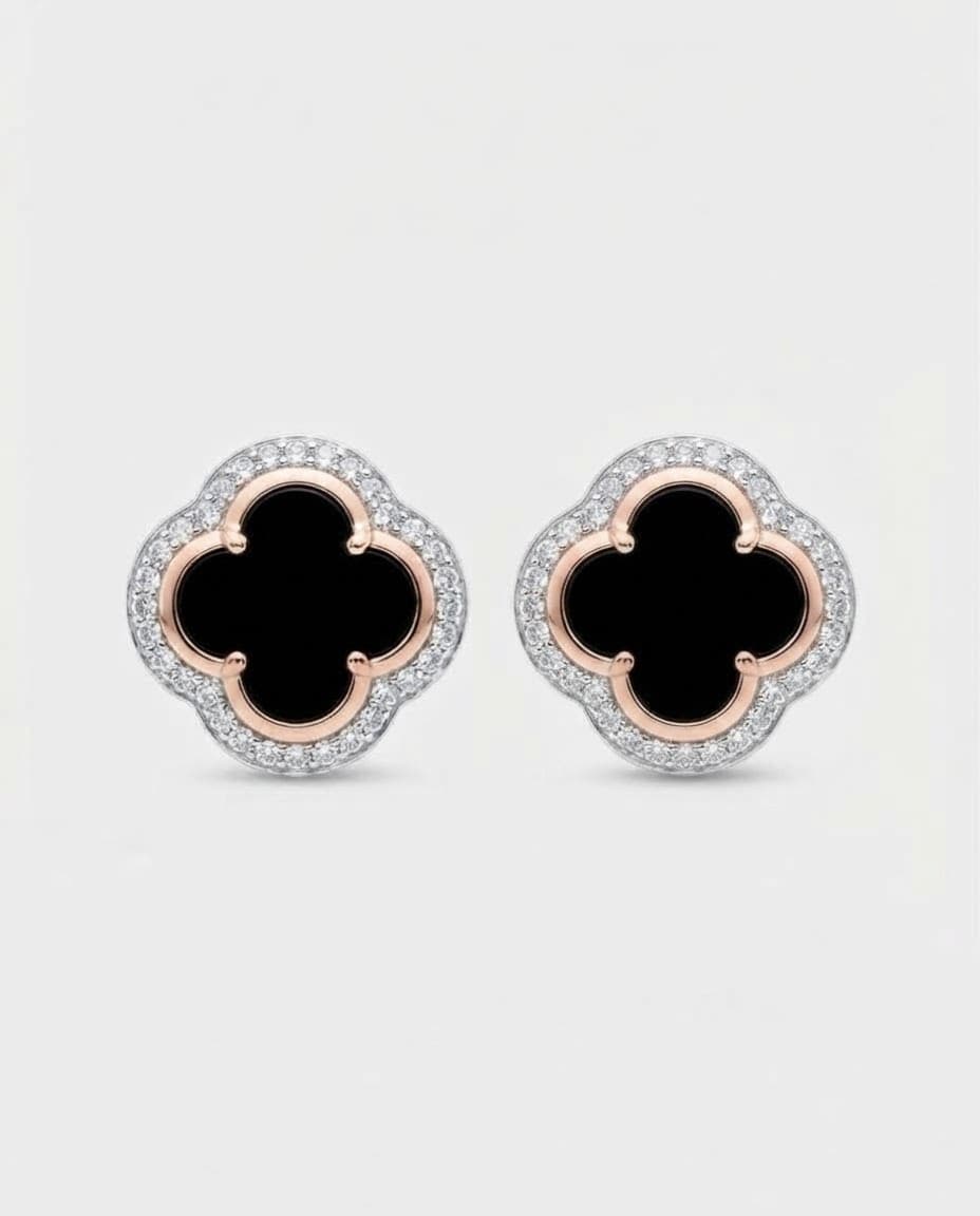 Sterling silver 925 “Clover” earrings with 375 gold overlay, black onyx and cubic zirconia