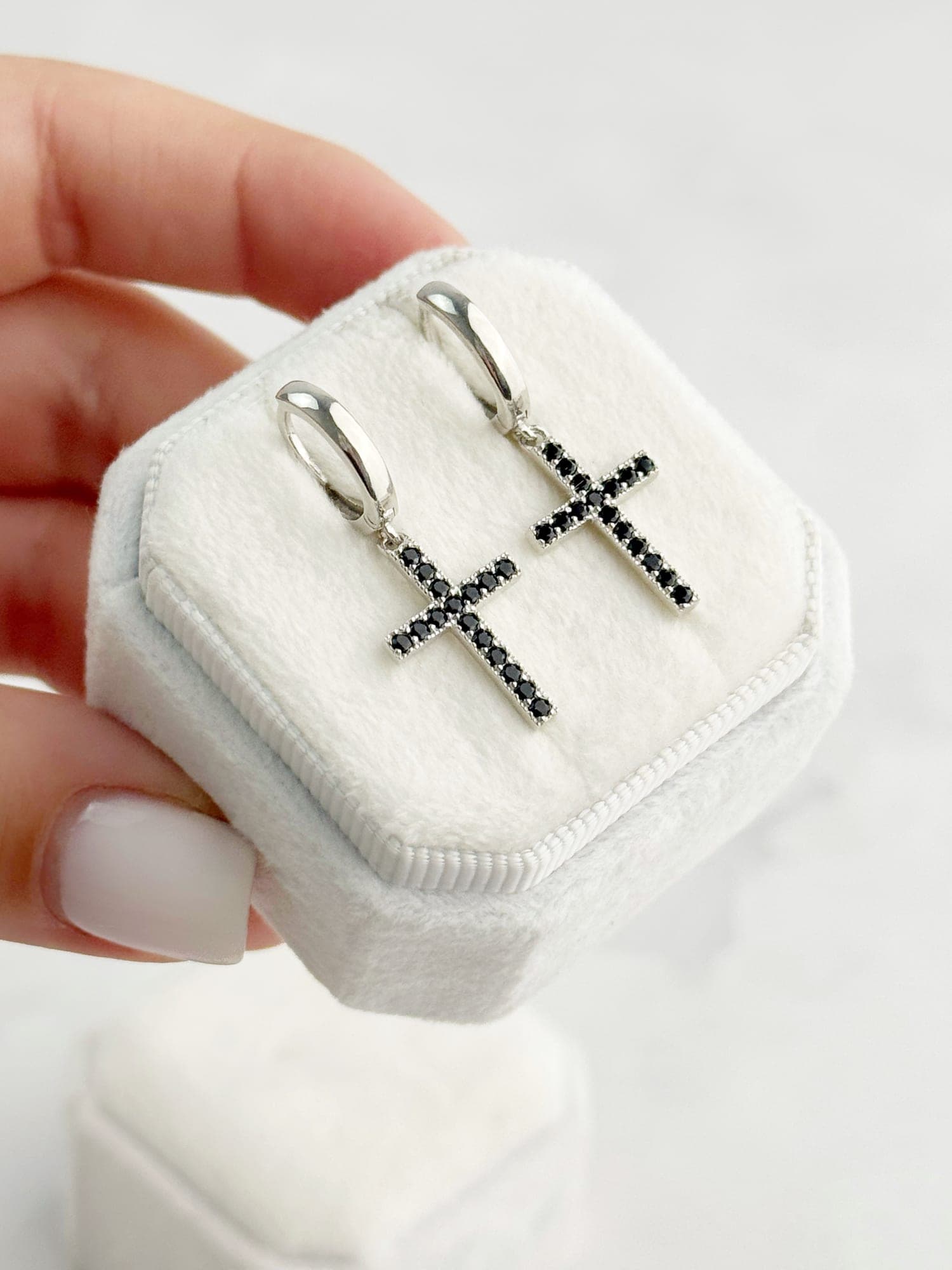 Silver “Cross” drop earrings with black cubic zirconia on hoops