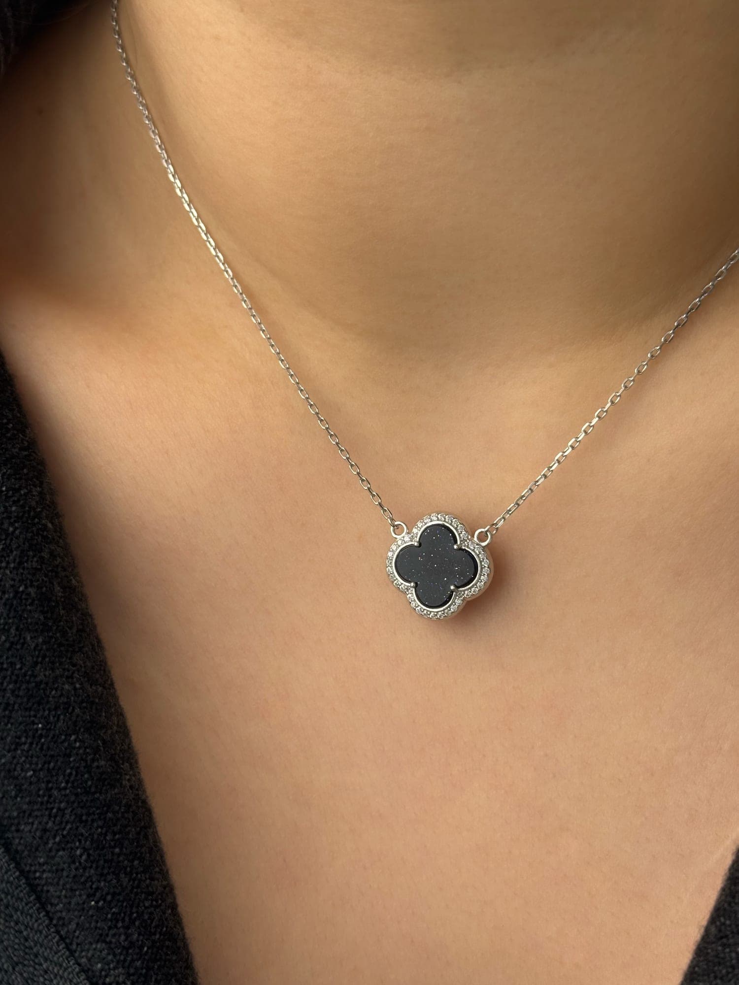 Silver “Clover” necklace with Cairo Night stone and cubic zirconia